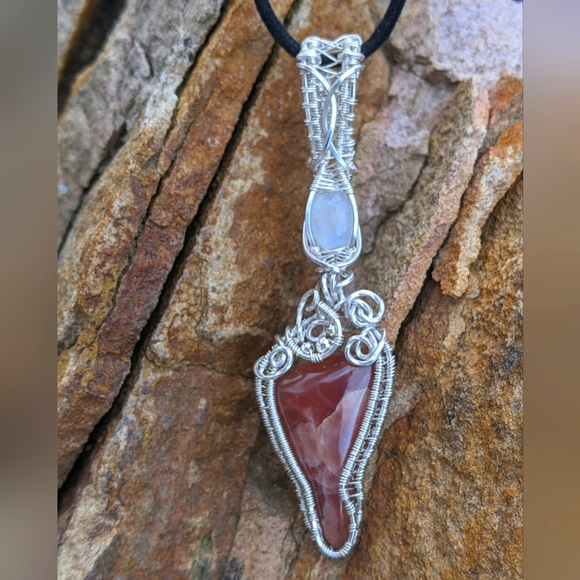 Artisan Jewelry - Sterling Silver Moonstone And Strawberry Rhodochrosite Pendant Necklace Handmade